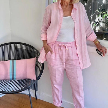 Soldes d'été 49% de réduction🔥✨Ensemble chemisier et pantalon à manches longues pour femme en lin et coton 
