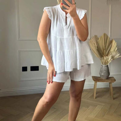 Zomer nieuwe productactie 49% korting🔥🎊Women's Cheesecloth Ruffle Shorts & Top Set