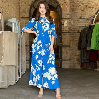 Zomeruitverkoop 49% korting🔥Bloemen strik mouw top wijde pijpen broek 2-delige set