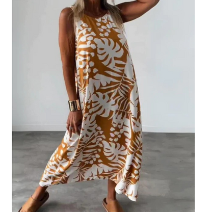 Nieuw product 50% korting 🔥Mouwloze maxi-jurk met open rug en bladprint en V-hals