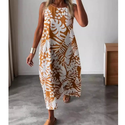 Nieuw product 49% korting 🔥Mouwloze maxi-jurk met open rug en bladprint en V-hals