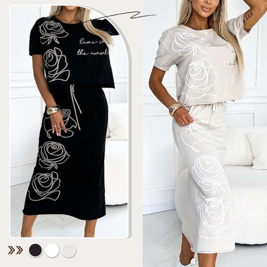 Casual tweedelig gebloemd T-shirt en midi-rok voor dames❤️‍🔥Hot Sale 49% UIT🔥