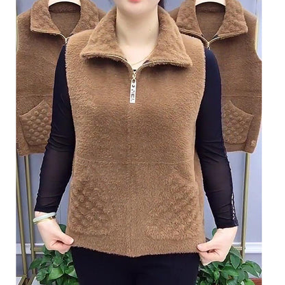 Dames Casual Revers Premium Faux Mink Fur Rits Vest