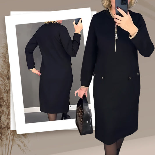 Winter-Specials--Vrouwen Elegante Zwarte Jurk Met Lange Mouwen