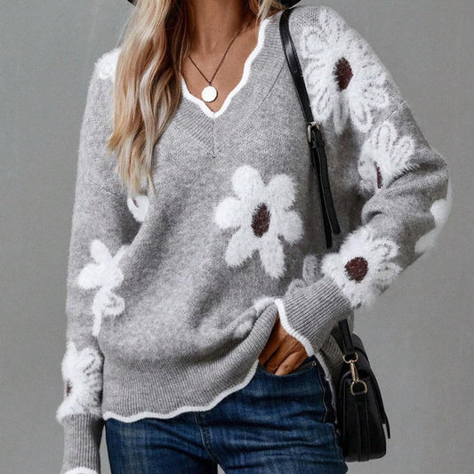 Sweater met schulprand en bloemmotief voor dames