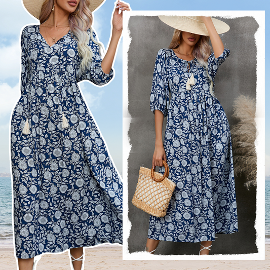 Elegante damesjurk met bloemenprint en lange V-hals