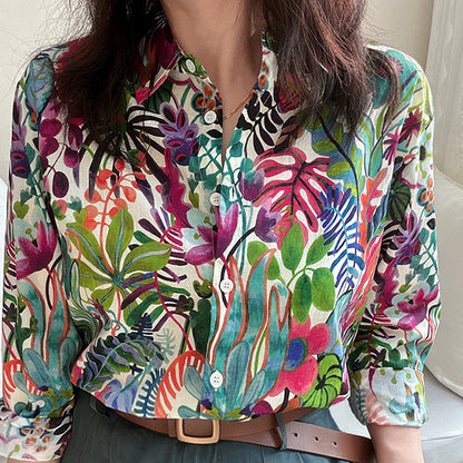 Casual Retro Strandstijl Gedrukt Shirt Met Lange Mouwen