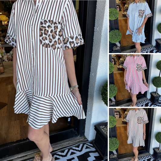 Damesmode gestreepte patchwork overhemdjurken met luipaardprint