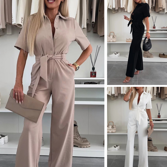 Dames-jumpsuit met knoopsluiting en strikceintuur in de taille