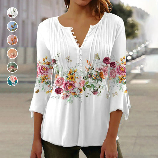 V-hals Plooien 3/4 Mouwen T-Shirt met Bloemenprint en Knoopsluiting voor Dames