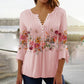 V-hals Plooien 3/4 Mouwen T-Shirt met Bloemenprint en Knoopsluiting voor Dames
