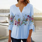 V-hals Plooien 3/4 Mouwen T-Shirt met Bloemenprint en Knoopsluiting voor Dames