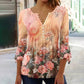 V-hals Plooien 3/4 Mouwen T-Shirt met Bloemenprint en Knoopsluiting voor Dames