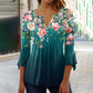 V-hals Plooien 3/4 Mouwen T-Shirt met Bloemenprint en Knoopsluiting voor Dames