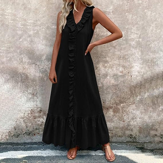 Casual Vrouwenjurk met V-Hals Mouwloos Gerimpelde Maxi Dress