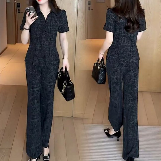 Elegante damestop met korte mouwen en wijde broek (set van 2)