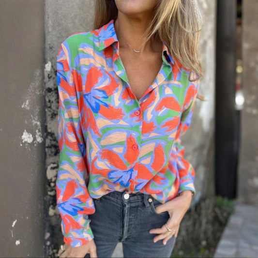 🌈Artistiek bloemenshirt - klassieke kraag en losse pasvorm