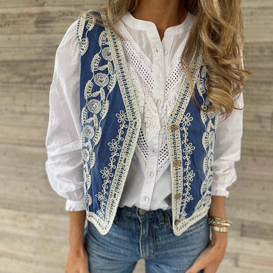 Vintage vest met knopen aan de voorkant en borduursels voor dames